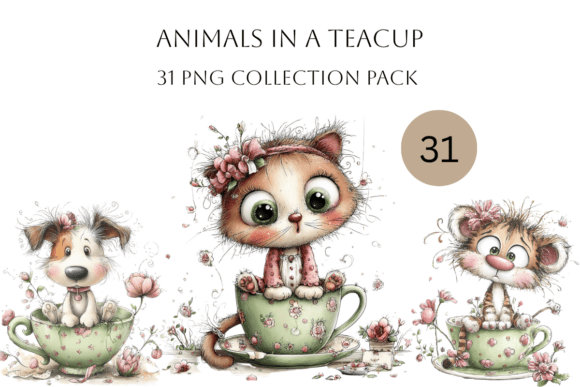 Animals in Teacups Cute Whimsical Clipart