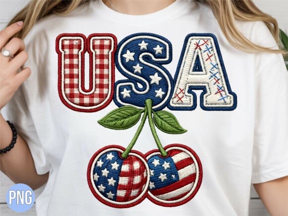 USA Cherry Flag Patriotic Embroidery PNG